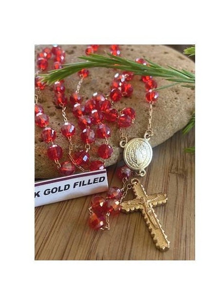 St Benedict Stone Rosary, Gold Filled St Benito Rosary, Ruby Stone Rosary Chain, Gold Link Red Stone Rosary, Rosary for Protection