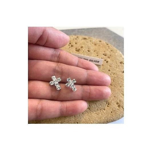 Sterling Crystal Earring Stud, CZ Cross Earring, Classy Clear Stone Cross Sterling Ear Stud, Cross Crystal Jewelry, Silver Cross Ear Stud