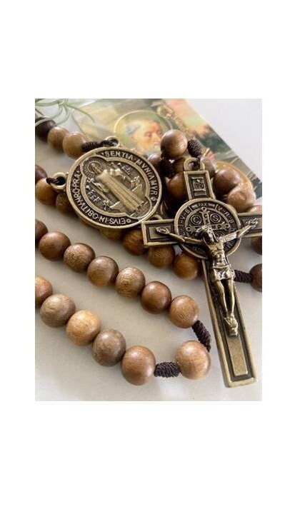 Big St Benedict Wood Rosary, Chunky Wood Saint Benedict Prayer Beads, Mens Rosary, St Benito Rosary and Prayer Card, Wallet Size Prayer Card