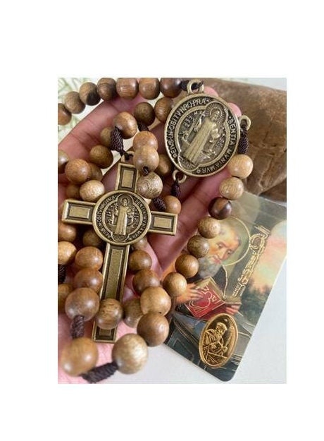 Big St Benedict Wood Rosary, Chunky Wood Saint Benedict Prayer Beads, Mens Rosary, St Benito Rosary and Prayer Card, Wallet Size Prayer Card