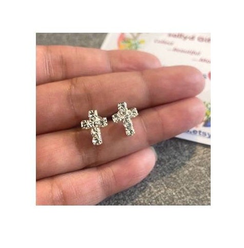 Sterling Crystal Earring Stud, CZ Cross Earring, Classy Clear Stone Cross Sterling Ear Stud, Cross Crystal Jewelry, Silver Cross Ear Stud