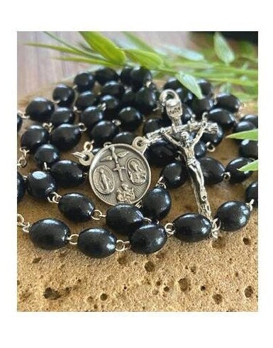 Black Wood Rosary, Long Catholic Wood Rosary, 4 Way Medal Rosary, Father,Son & Holy Spirit Medal, Papal Crucifix , Long Prayer Beads for Men