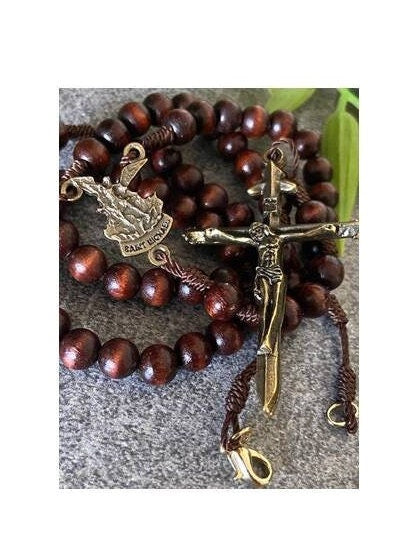 St Michael Rosary Necklace, Saint Michael Wood Rosary, Rosary to wear, Bronze Cross Medal, Saint Michael Arc Angel Medal, Patron of Military