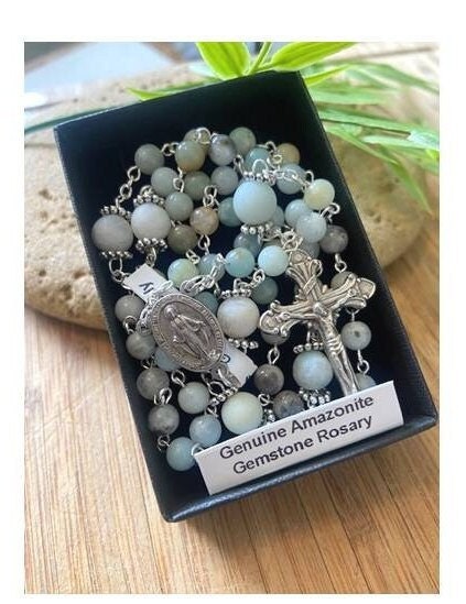 Real Amazonite Stone Rosary,Genuine Green Amazonite Catholic Rosary,Frosted and Polished Amazonite Beads, Semiprecious Italian Stone Rosary