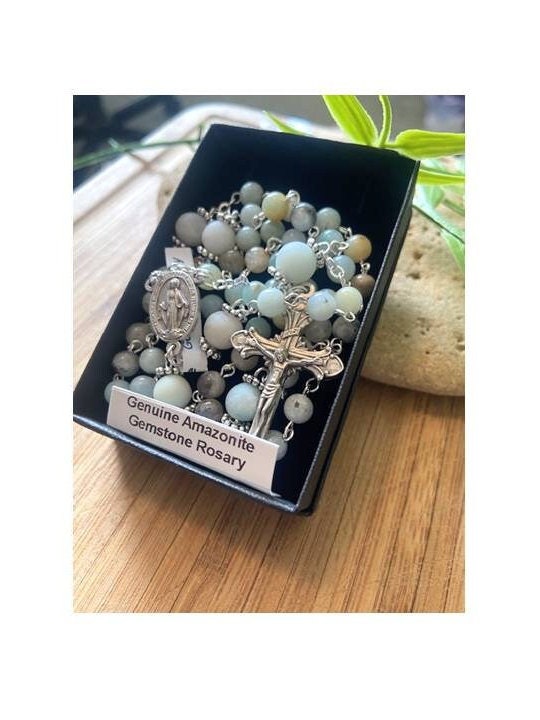 Real Amazonite Stone Rosary,Genuine Green Amazonite Catholic Rosary,Frosted and Polished Amazonite Beads, Semiprecious Italian Stone Rosary