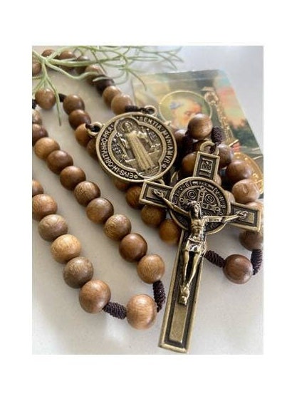 Big St Benedict Wood Rosary, Chunky Wood Saint Benedict Prayer Beads, Mens Rosary, St Benito Rosary and Prayer Card, Wallet Size Prayer Card