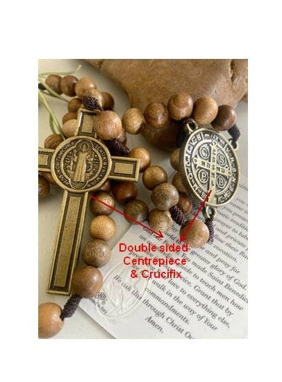 Big St Benedict Wood Rosary, Chunky Wood Saint Benedict Prayer Beads, Mens Rosary, St Benito Rosary and Prayer Card, Wallet Size Prayer Card