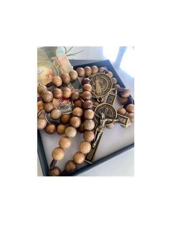 Big St Benedict Wood Rosary, Chunky Wood Saint Benedict Prayer Beads, Mens Rosary, St Benito Rosary and Prayer Card, Wallet Size Prayer Card