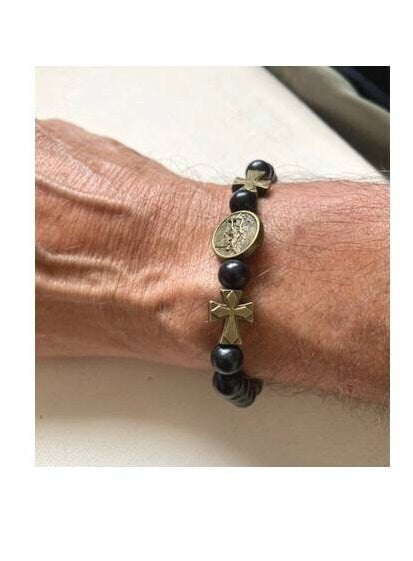 St Michael Wood Bracelet, Elastic Black Wood St Michael Bracelet, Men's St Michael Wristband, Stretchy Black Religious Bracelet