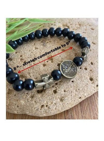 St Michael Wood Bracelet, Elastic Black Wood St Michael Bracelet, Men's St Michael Wristband, Stretchy Black Religious Bracelet