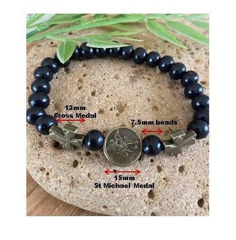 St Michael Wood Bracelet, Elastic Black Wood St Michael Bracelet, Men's St Michael Wristband, Stretchy Black Religious Bracelet