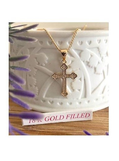 Gold Filled Orthodox Cross, Ladies 18KT Gold Filled Cross, Cross Medal Jerusalem, Zirconia Stone Cross Medal, Crystal Cross Trefoil Necklace