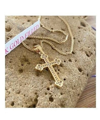 Gold Filled Orthodox Cross, Ladies 18KT Gold Filled Cross, Cross Medal Jerusalem, Zirconia Stone Cross Medal, Crystal Cross Trefoil Necklace