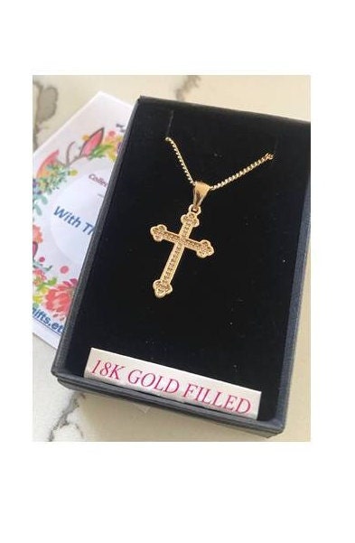 Gold Filled Orthodox Cross, Ladies 18KT Gold Filled Cross, Cross Medal Jerusalem, Zirconia Stone Cross Medal, Crystal Cross Trefoil Necklace