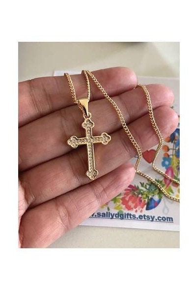 Gold Filled Orthodox Cross, Ladies 18KT Gold Filled Cross, Cross Medal Jerusalem, Zirconia Stone Cross Medal, Crystal Cross Trefoil Necklace