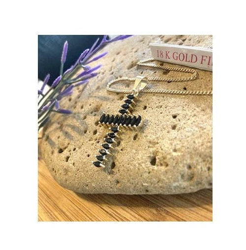 Black Cross Necklace, 18KT Gold Filled Cross Pendant,Jet Cubic Zirconium Cross Necklace, Ladies Crystal Jewelry, Chunky Big Cross for Ladies