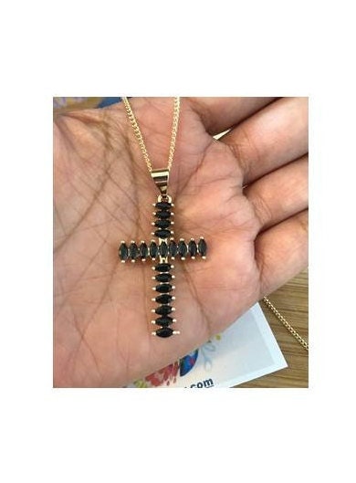 Black Cross Necklace, 18KT Gold Filled Cross Pendant,Jet Cubic Zirconium Cross Necklace, Ladies Crystal Jewelry, Chunky Big Cross for Ladies