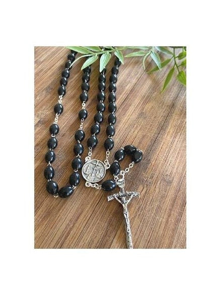 Black Wood Rosary, Long Catholic Wood Rosary, 4 Way Medal Rosary, Father,Son & Holy Spirit Medal, Papal Crucifix , Long Prayer Beads for Men