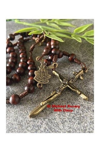 St Michael Rosary Necklace, Saint Michael Wood Rosary, Rosary to wear, Bronze Cross Medal, Saint Michael Arc Angel Medal, Patron of Military