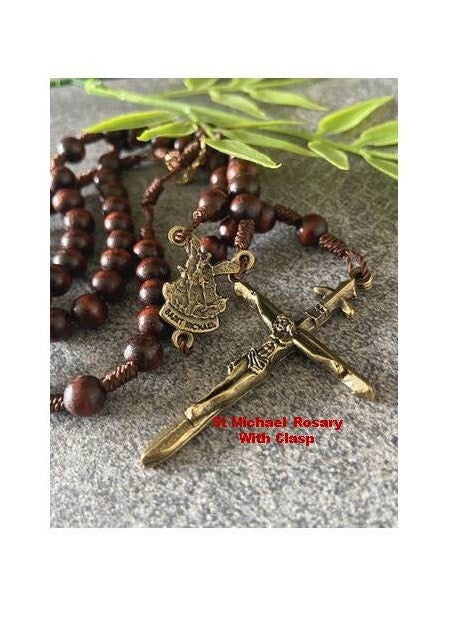 St Michael Rosary Necklace, Saint Michael Wood Rosary, Rosary to wear, Bronze Cross Medal, Saint Michael Arc Angel Medal, Patron of Military