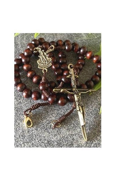 St Michael Rosary Necklace, Saint Michael Wood Rosary, Rosary to wear, Bronze Cross Medal, Saint Michael Arc Angel Medal, Patron of Military