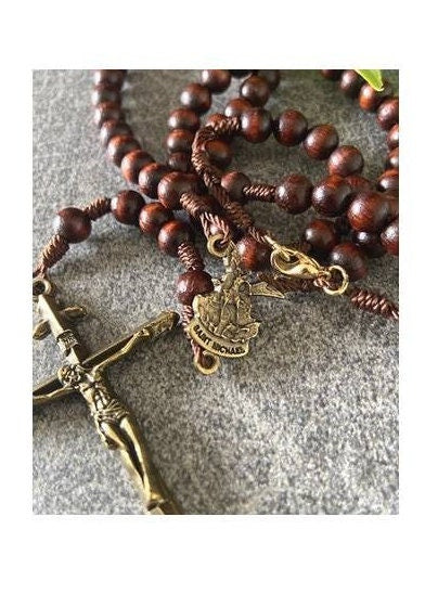 St Michael Rosary Necklace, Saint Michael Wood Rosary, Rosary to wear, Bronze Cross Medal, Saint Michael Arc Angel Medal, Patron of Military