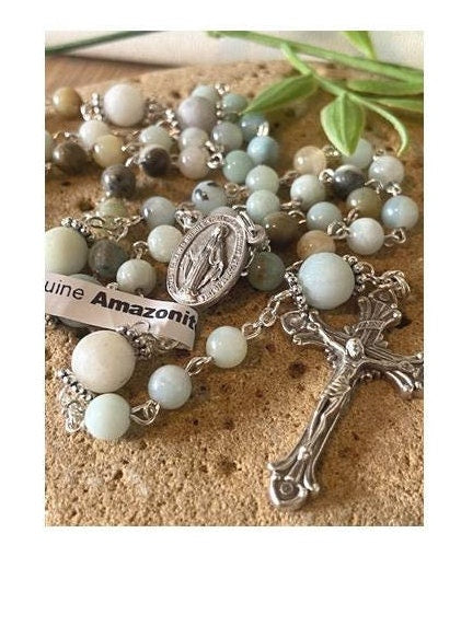 Real Amazonite Stone Rosary,Genuine Green Amazonite Catholic Rosary,Frosted and Polished Amazonite Beads, Semiprecious Italian Stone Rosary