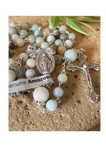 Real Amazonite Stone Rosary,Genuine Green Amazonite Catholic Rosary,Frosted and Polished Amazonite Beads, Semiprecious Italian Stone Rosary