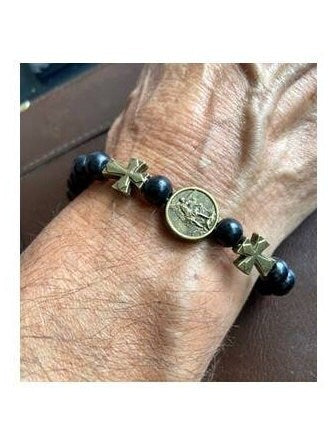 St Michael Wood Bracelet, Elastic Black Wood St Michael Bracelet, Men's St Michael Wristband, Stretchy Black Religious Bracelet
