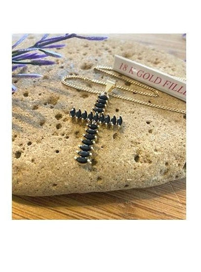 Black Cross Necklace, 18KT Gold Filled Cross Pendant,Jet Cubic Zirconium Cross Necklace, Ladies Crystal Jewelry, Chunky Big Cross for Ladies