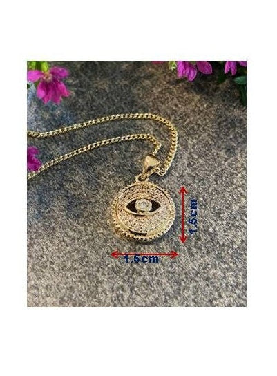 Gold Filled Dainty Lucky Eye Necklace, Gold Coin Lucky Eye Necklace, Evil Eye with Clear CZ Stone Pendant, Cute and Feminine Lucky Eye Medal