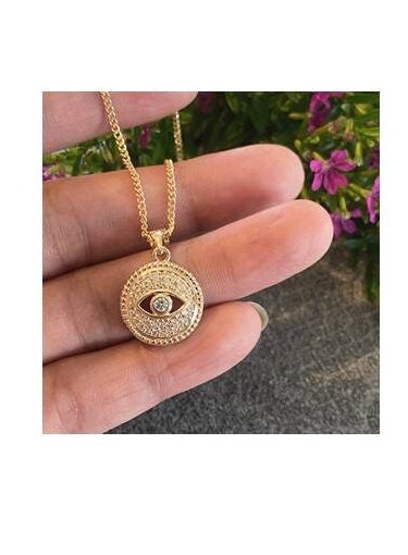 Gold Filled Dainty Lucky Eye Necklace, Gold Coin Lucky Eye Necklace, Evil Eye with Clear CZ Stone Pendant, Cute and Feminine Lucky Eye Medal