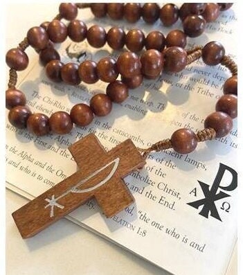 Chi Rho Wooden Rosary, Corded Wood Rosary, Brown Wood Prayer Beads, Christian Symbol, Men's Rosary, Everyday Rosary, Students & School gift