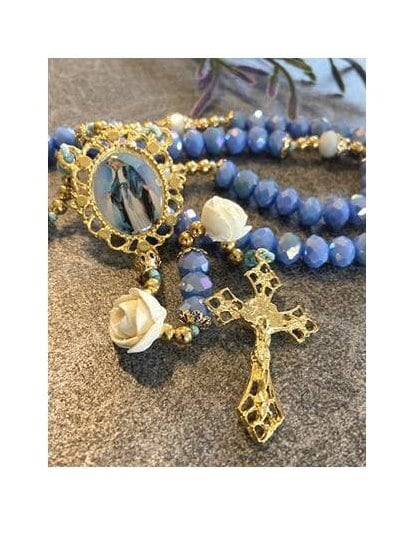 Our Lady Of Grace Rosary, Handcrafted Virgin Mary Rosary, Blue Feminine Prayer Beads, Miraculous Medal Prayers, Gold Plated Medals Rosary