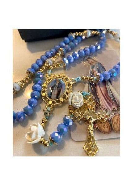 Our Lady Of Grace Rosary, Handcrafted Virgin Mary Rosary, Blue Feminine Prayer Beads, Miraculous Medal Prayers, Gold Plated Medals Rosary