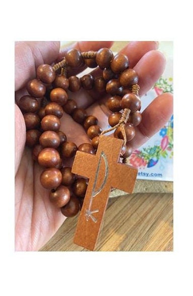 Chi Rho Wooden Rosary, Corded Wood Rosary, Brown Wood Prayer Beads, Christian Symbol, Men's Rosary, Everyday Rosary, Students & School gift