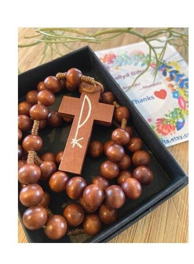 Chi Rho Wooden Rosary, Corded Wood Rosary, Brown Wood Prayer Beads, Christian Symbol, Men's Rosary, Everyday Rosary, Students & School gift