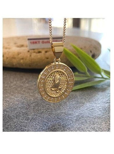 18KT Gold Filled Praying Hands Necklace, Religious Necklace Praying Hand, Oval Pray Hands Medal , Adults Gold Christian Medal, Unisex Gift