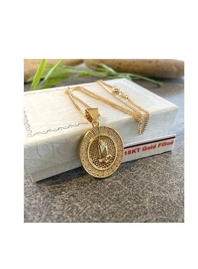 18KT Gold Filled Praying Hands Necklace, Religious Necklace Praying Hand, Oval Pray Hands Medal , Adults Gold Christian Medal, Unisex Gift
