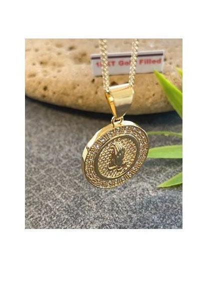 18KT Gold Filled Praying Hands Necklace, Religious Necklace Praying Hand, Oval Pray Hands Medal , Adults Gold Christian Medal, Unisex Gift