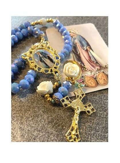Our Lady Of Grace Rosary, Handcrafted Virgin Mary Rosary, Blue Feminine Prayer Beads, Miraculous Medal Prayers, Gold Plated Medals Rosary