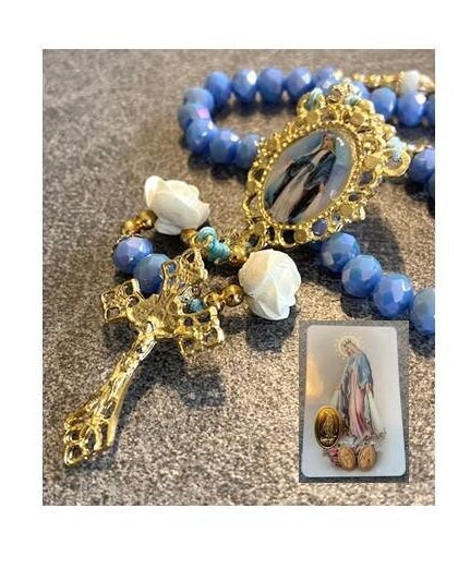 Our Lady Of Grace Rosary, Handcrafted Virgin Mary Rosary, Blue Feminine Prayer Beads, Miraculous Medal Prayers, Gold Plated Medals Rosary
