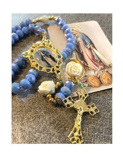 Our Lady Of Grace Rosary, Handcrafted Virgin Mary Rosary, Blue Feminine Prayer Beads, Miraculous Medal Prayers, Gold Plated Medals Rosary