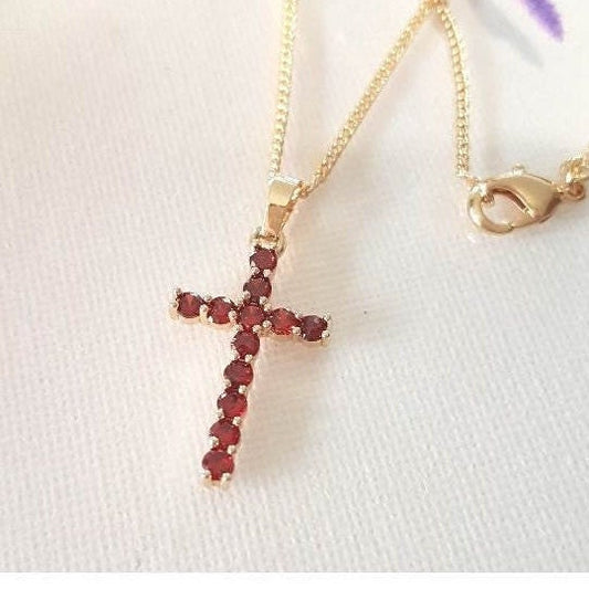 Garnet Cross Pendant/Jet Black Gold Cross Necklace/14K Gold Filled CZ Paved Pendant/Ladies Cross Necklace/Christian Gold Cross Pendant