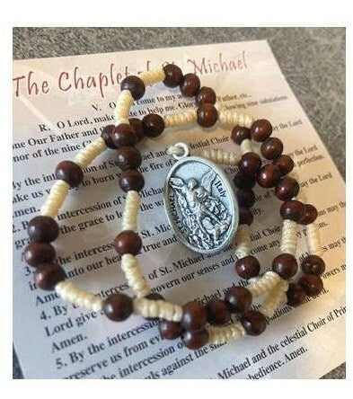 Saint Michael Chaplet, St Michael Arcangel Wood Chaplet, Special Prayer Beads, How to Pray The Chaplet Card, Natural Wood Corded Rosary