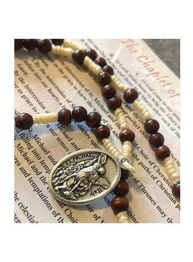 Saint Michael Chaplet, St Michael Arcangel Wood Chaplet, Special Prayer Beads, How to Pray The Chaplet Card, Natural Wood Corded Rosary