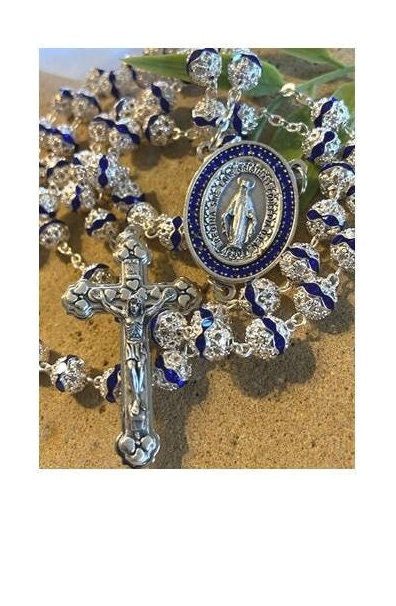 Venetian Glass Blue Rosary, Immaculate Conception Medal, Our Lady of Grace Rosary,Special Blue Rosary for Mothers,Sapphire Mary Centerpiece