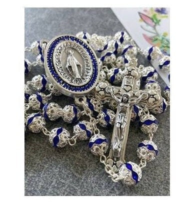 Venetian Glass Blue Rosary, Immaculate Conception Medal, Our Lady of Grace Rosary,Special Blue Rosary for Mothers,Sapphire Mary Centerpiece