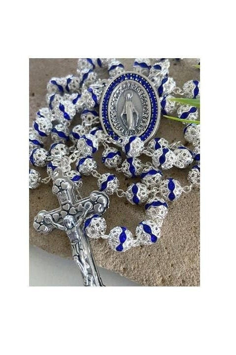 Venetian Glass Blue Rosary, Immaculate Conception Medal, Our Lady of Grace Rosary,Special Blue Rosary for Mothers,Sapphire Mary Centerpiece