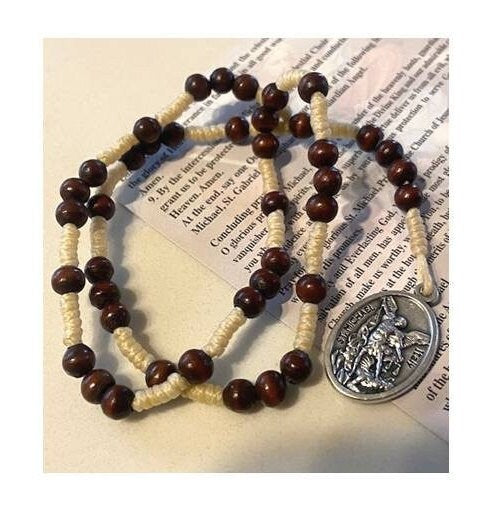 Saint Michael Chaplet, St Michael Arcangel Wood Chaplet, Special Prayer Beads, How to Pray The Chaplet Card, Natural Wood Corded Rosary